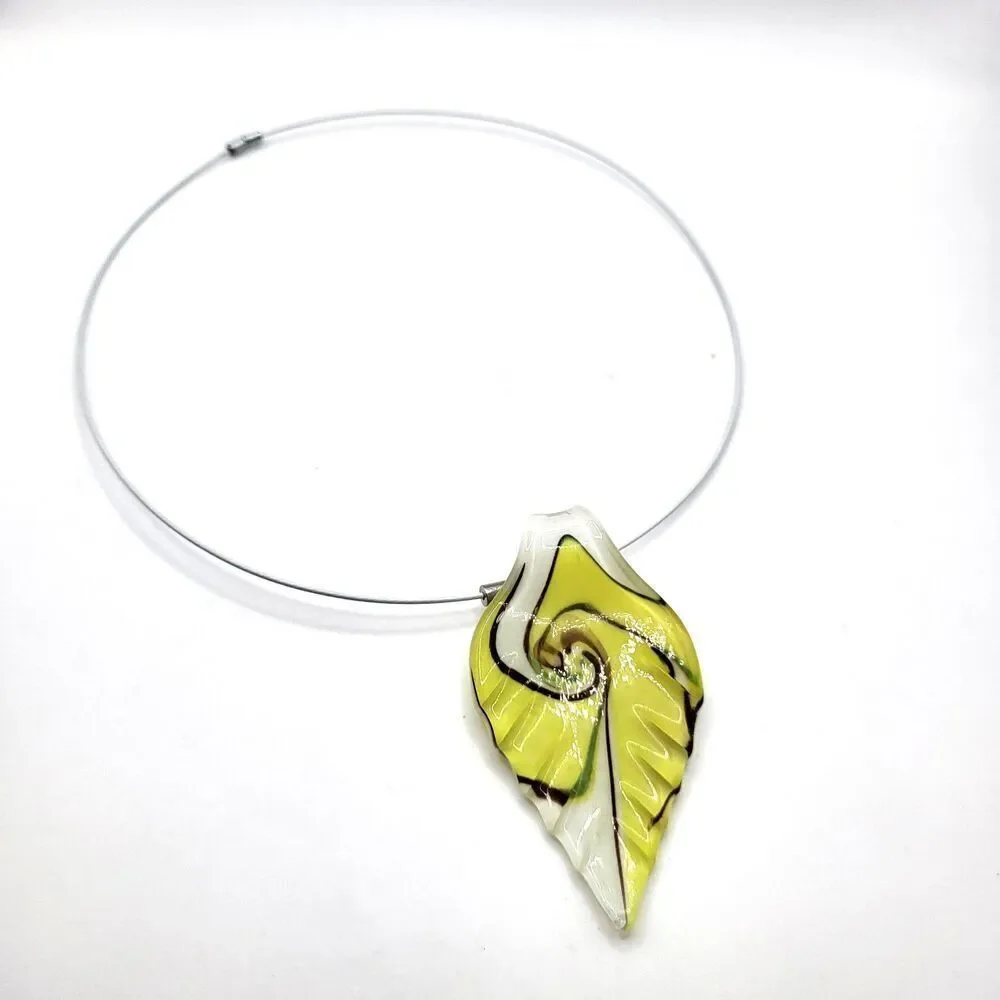 Yellow Blown Glass Leaf Pendant Necklace Abstract Large 16in